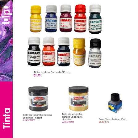 Página 33 del catálogo; incluye Tinta de serigrafía acrílica Speedball negra